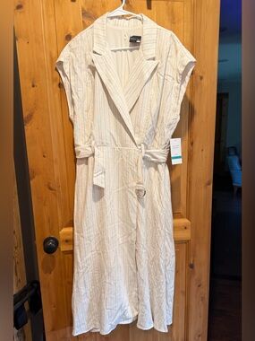 Maison Tara Cream Striped Belted Midi Dress - 16 NWT